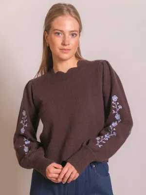 Floral Embroidery Scalloped Sweater