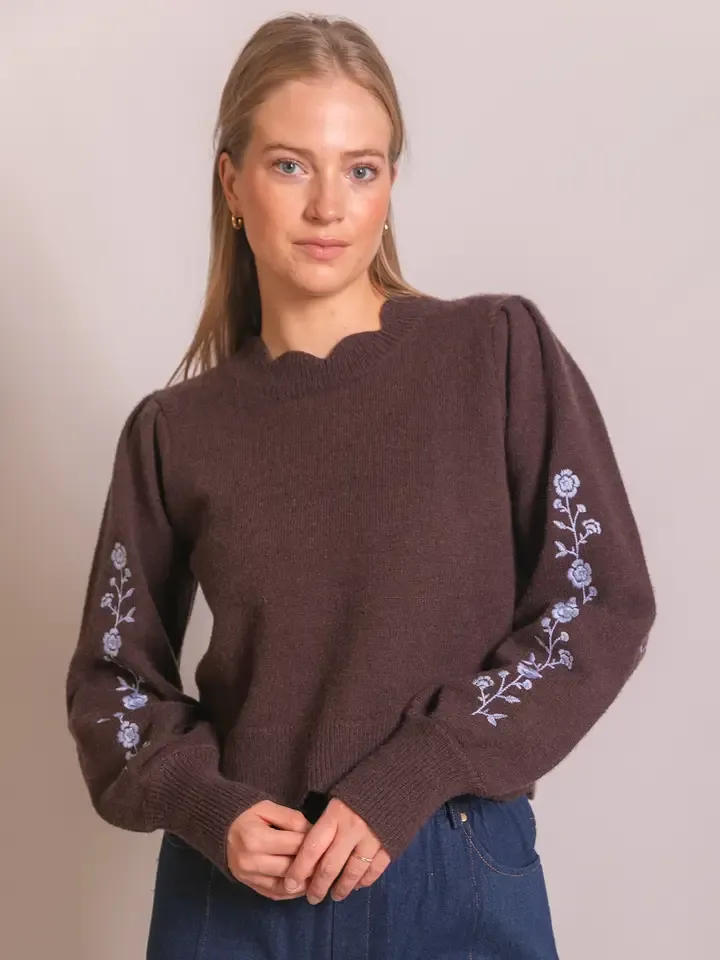 Floral Embroidery Scalloped Sweater, Size: SM