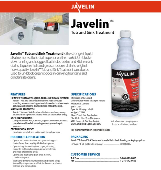 JAVELIN SINK &amp; TUB DRAIN TREATMENT