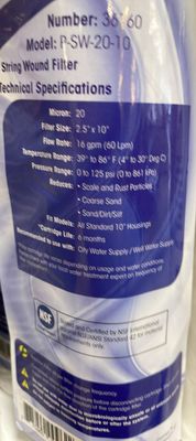 WATER FILTER CARTRIDGE 20MIC STRING 2.5X 10, NOVO 36160, FRANKLIN   FWSW1020