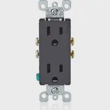 5325-E Leviton Duplex Grounding Straight Blade Receptacle, 125 V AC, 15 A, 2 Poles, 3 Wires, Black