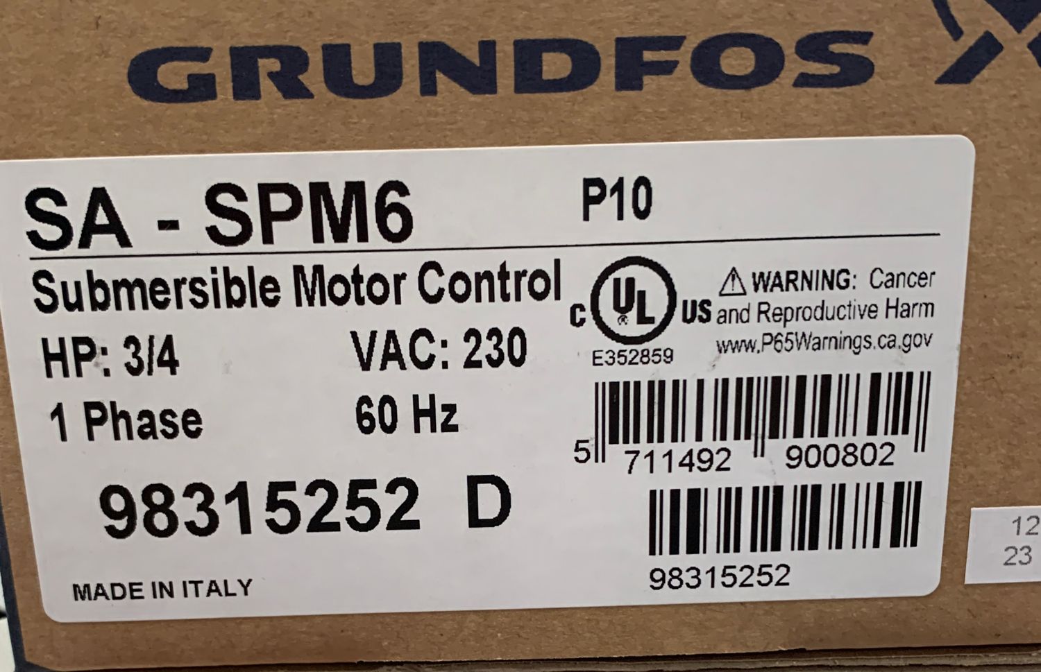 3/4 HP 230V CONTROL BOX