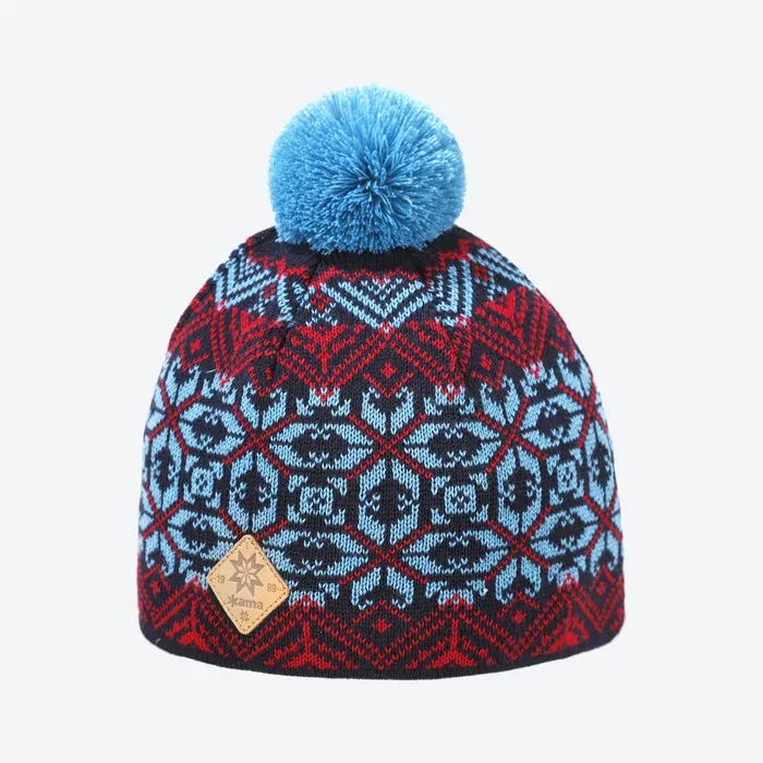Ciepła czapka wełna Merino 100%, wzór skandynawski Kama AW06- czerwona, rozm. uni