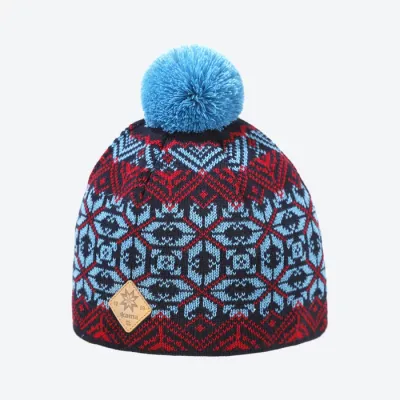Ciepła czapka wełna Merino 100%, wzór skandynawski Kama AW06- czerwona, rozm. uni