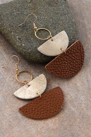 Brown &amp; Gold Leather Drop Earrings