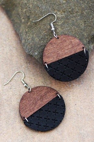 Wood &amp; Black Leather Drop Earrings
