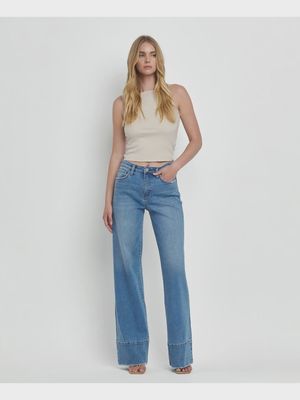 High Rise Raw Hem Wide A Line Jeans