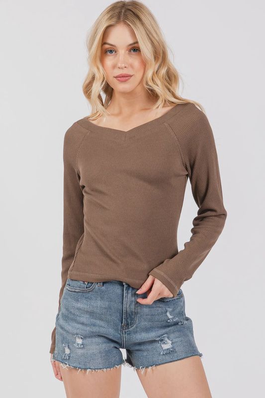 V-Neck Rib Long Sleeve Knit Top