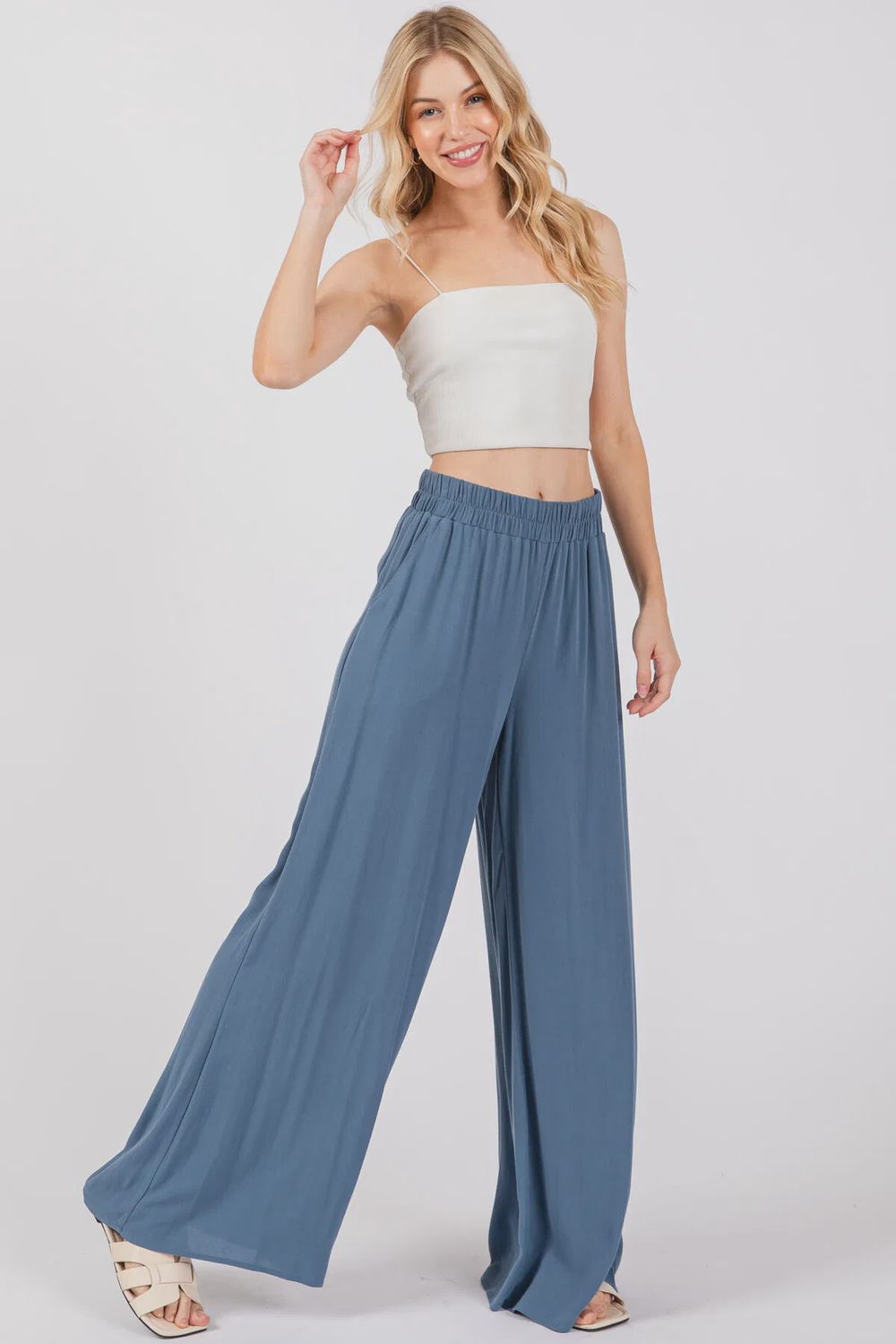 Rayon Elastic Waist Wide Leg Pants w/ Pockets