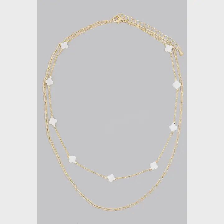 Gold Clover Station Shell Charms Layered Necklace