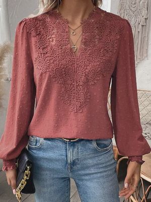 Red Wine Lace Swiss Dot Puffed Sleeves Top