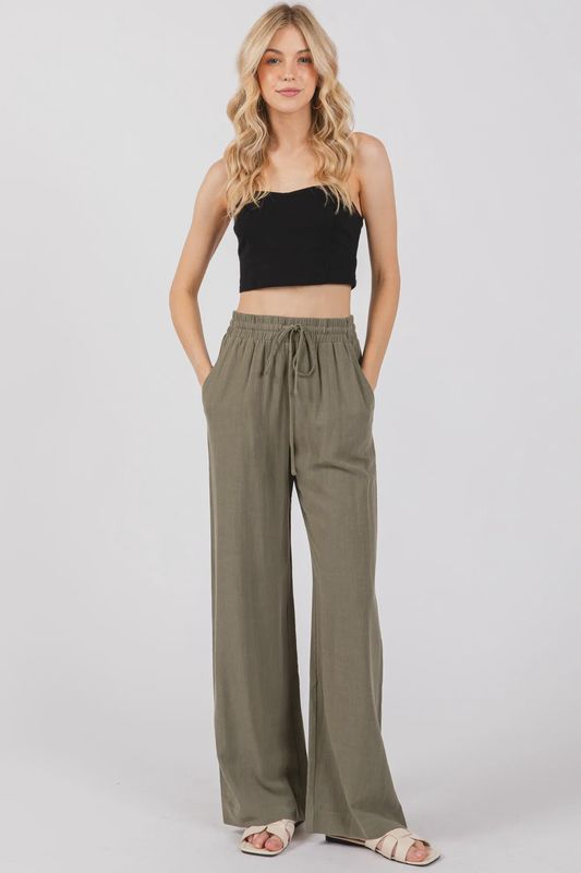 Linen Drawstring Wide Leg Pants