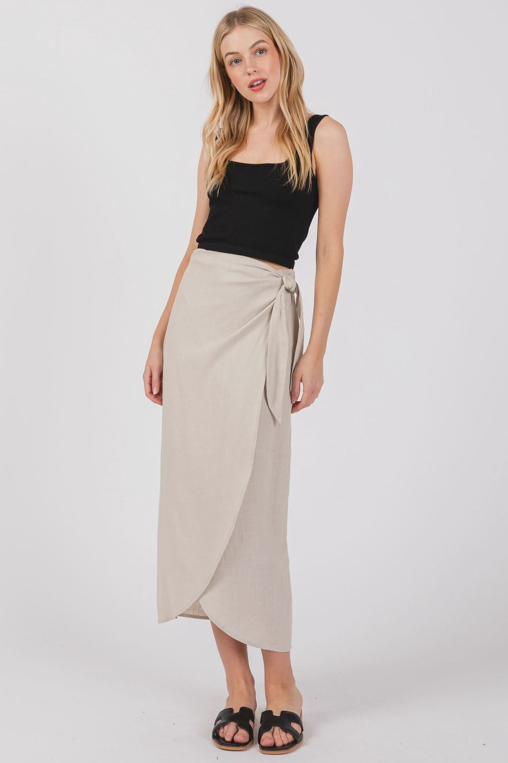 Black Rayon Side Tie Wrap Midi Skirt