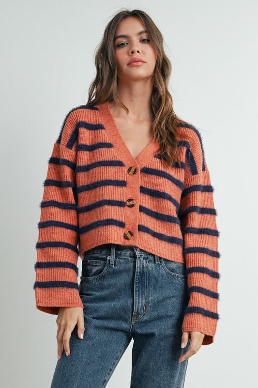 Striped Button Front Long Sleeve Cardigan