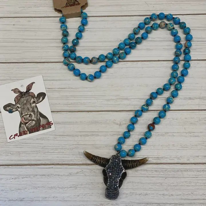 Beaded Steer Head Necklace, Size: Blue
