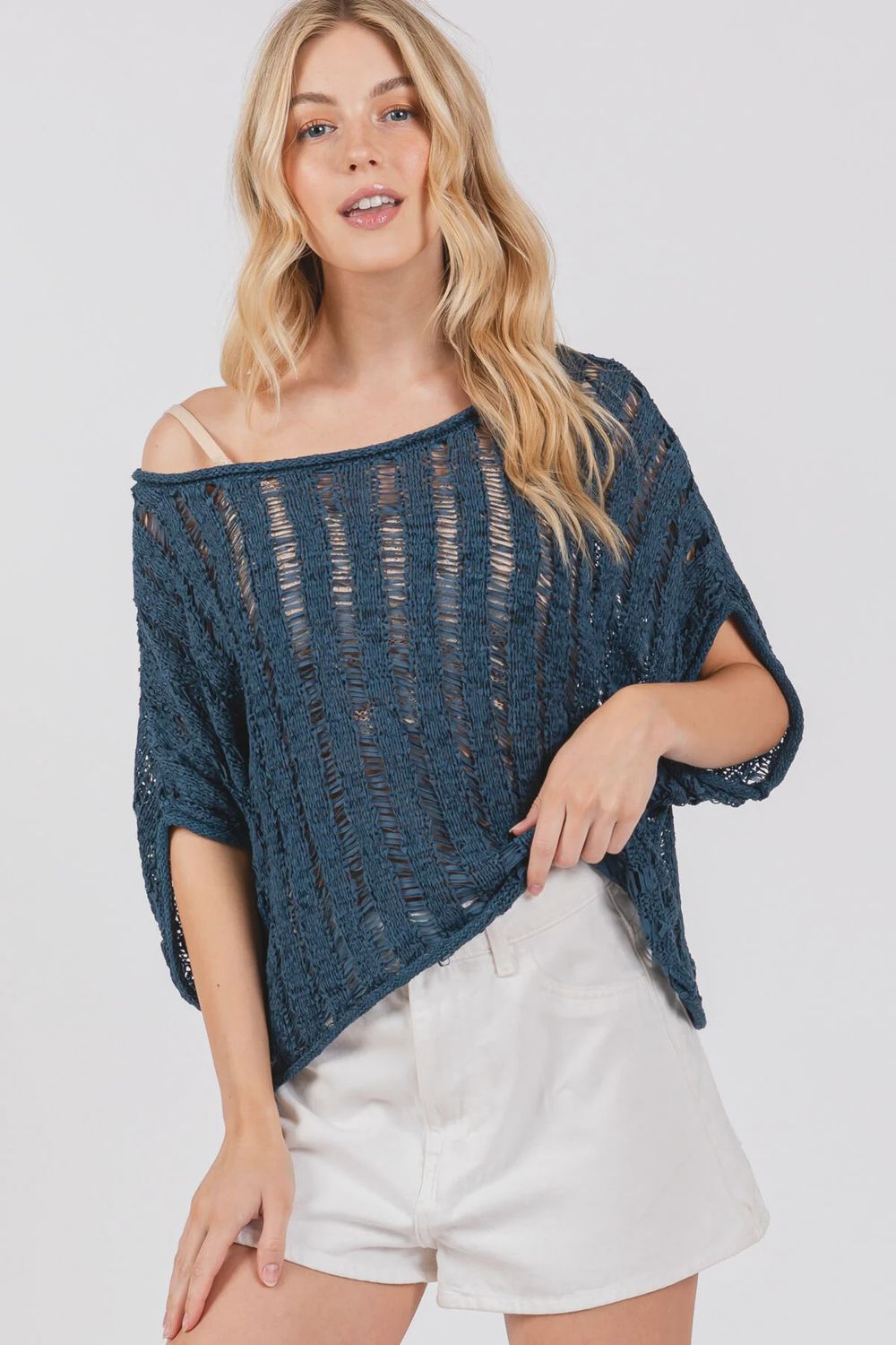 Teal Ladder Stitch Knit Sweater, Size: Small
