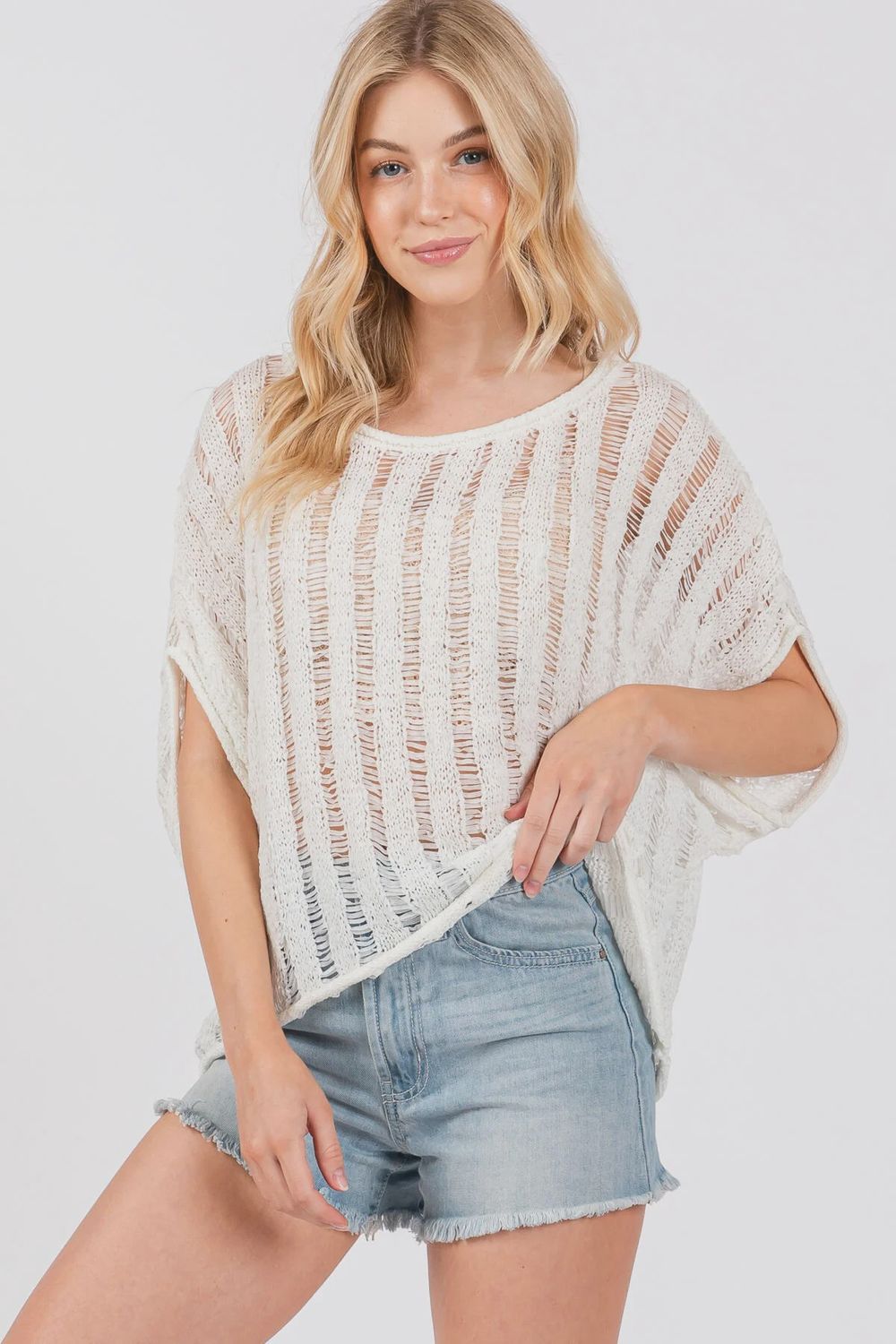 White Ladder Stitch Knit Sweater, Size: Small