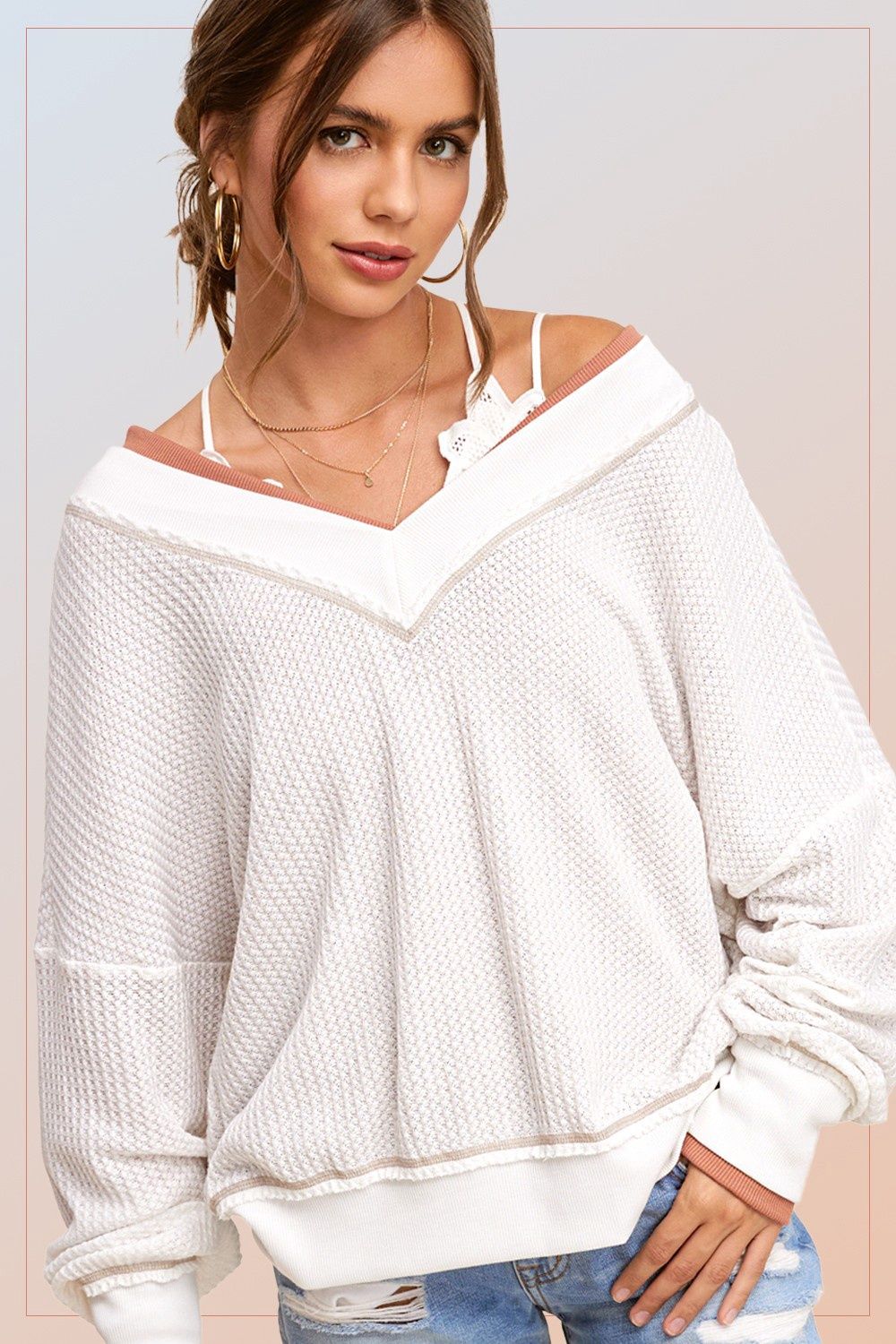 V-Neck Waffle Textured Long Sleeve Top, Size: Small, Colour: White
