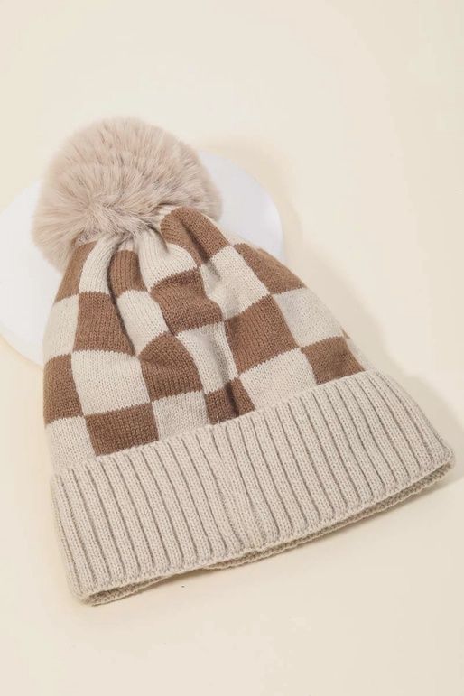 Checkered Pom Beanie, Colour: Beige