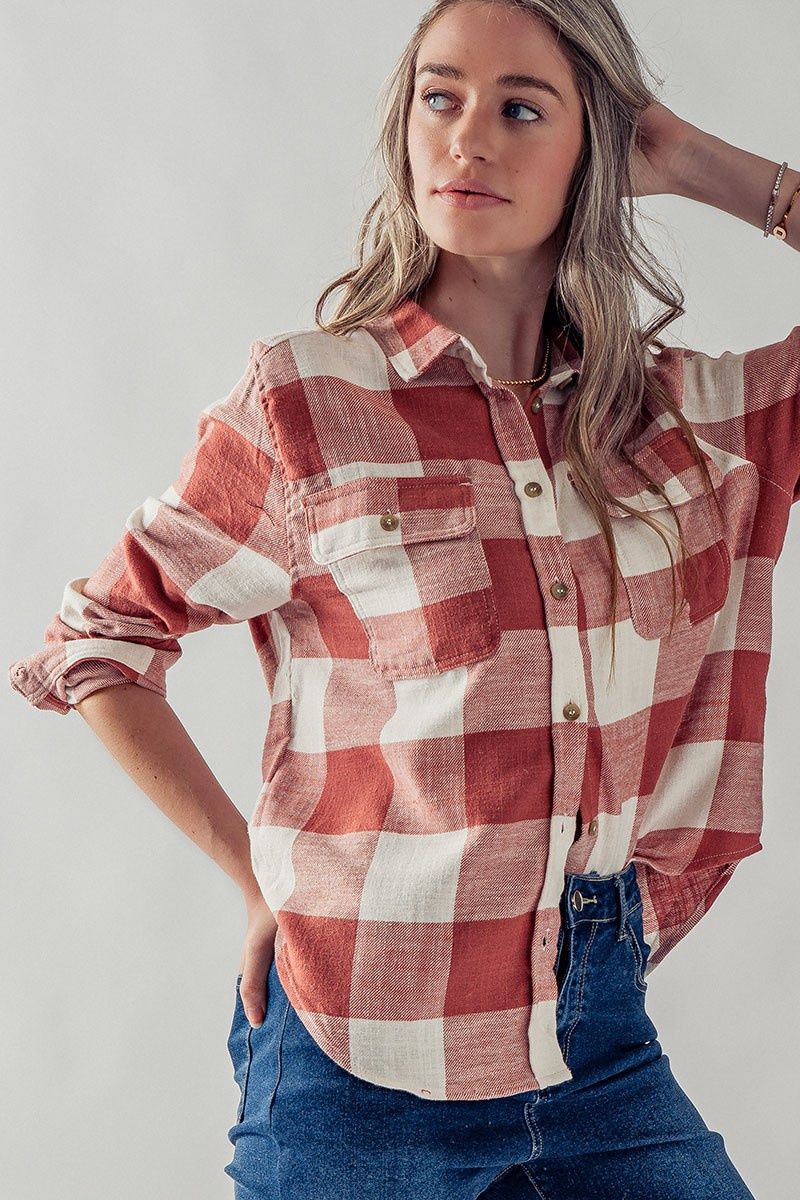 Plaid Flannel Button Down Shirt, Size: Small, Colour: Clay