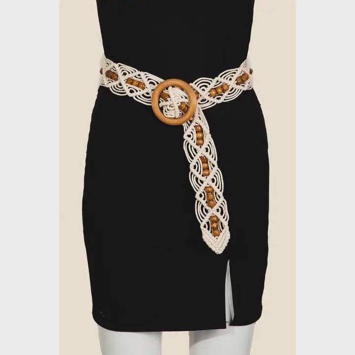 Wooden Buckle Beaded Braid Belt, Colour: White
