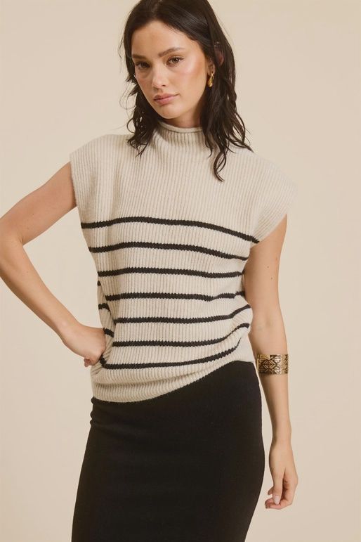 Striped Sleeveless Sweater Vest, Size: Small, Colour: Ecru