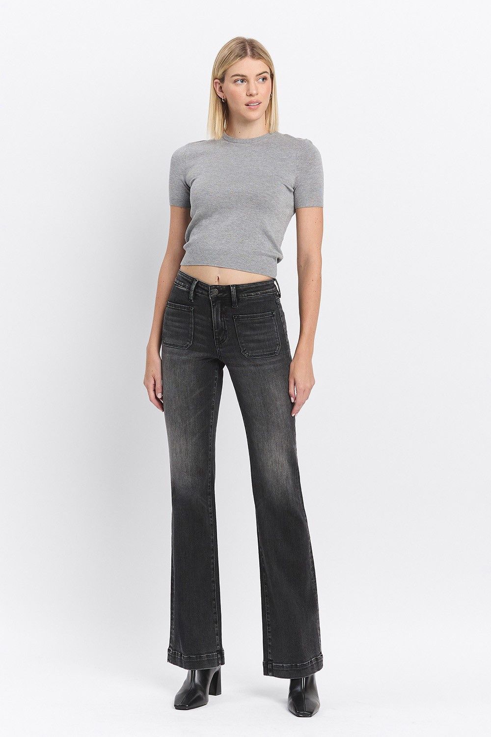 High Rise Front Patch Flare Jeans, Size: 24
