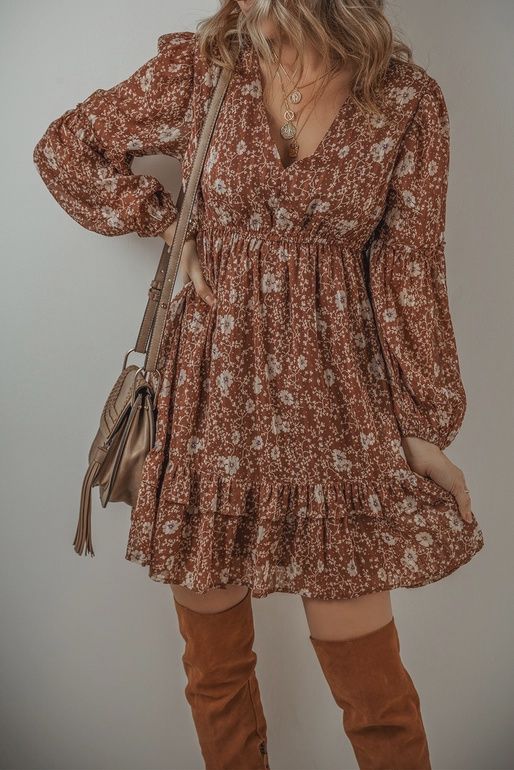 Burnt Orange Floral Ruffled V-Neck Dress, Size: Small