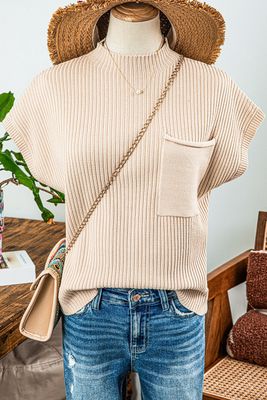 Patch Pocket Ribbed Short Sleeve Sweater