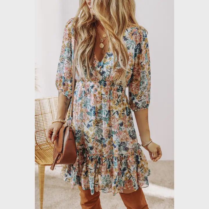 3/4 Sleeve V-Neck Floral Dress