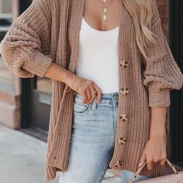 Casual Buttoned Front Drop Shoulder Knitted Cardigan, Colour: Khaki, Size: Small