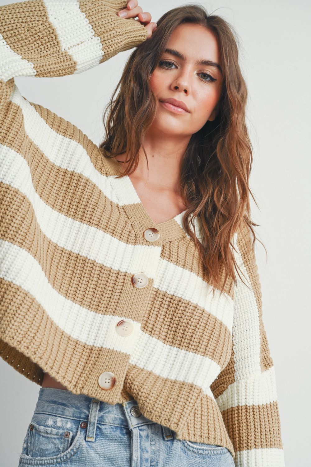 Striped V-Neck Cardigan w/ Buttons, Colour: Taupe/Ivory, Size: Small