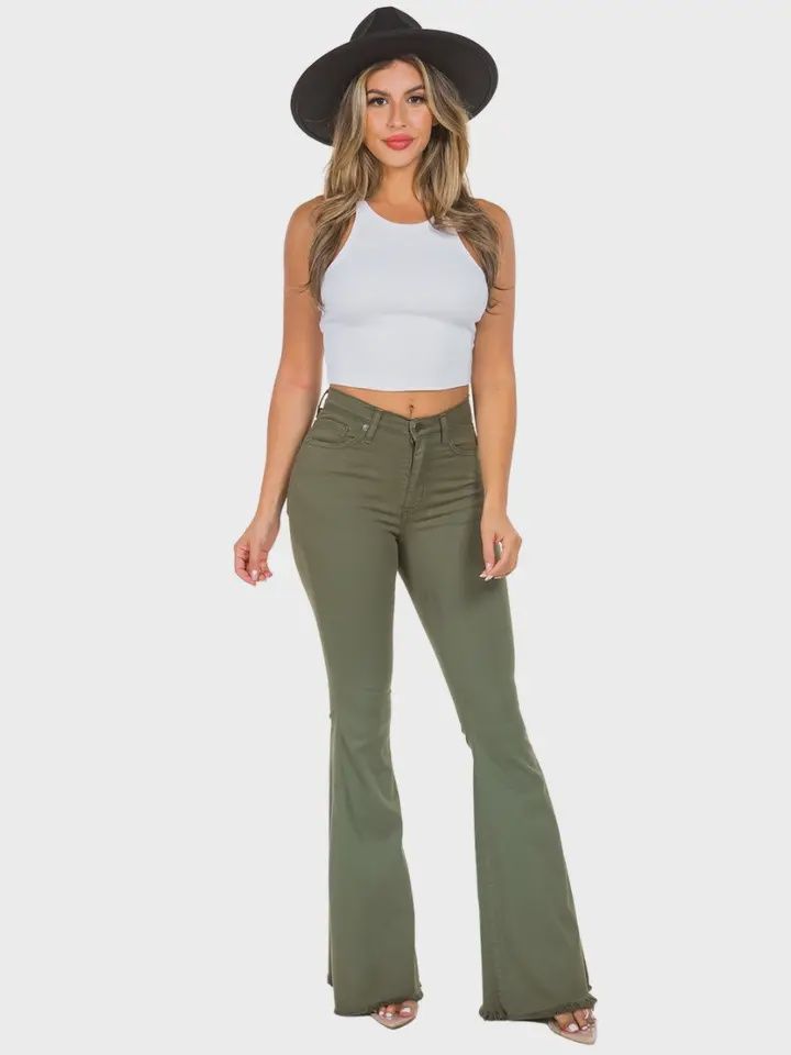 Raw Hem Bell Bottom Jeans - Olive, Size: 3