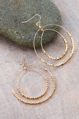 Beaded Double Circle Drop Earrings, Colour: Gold