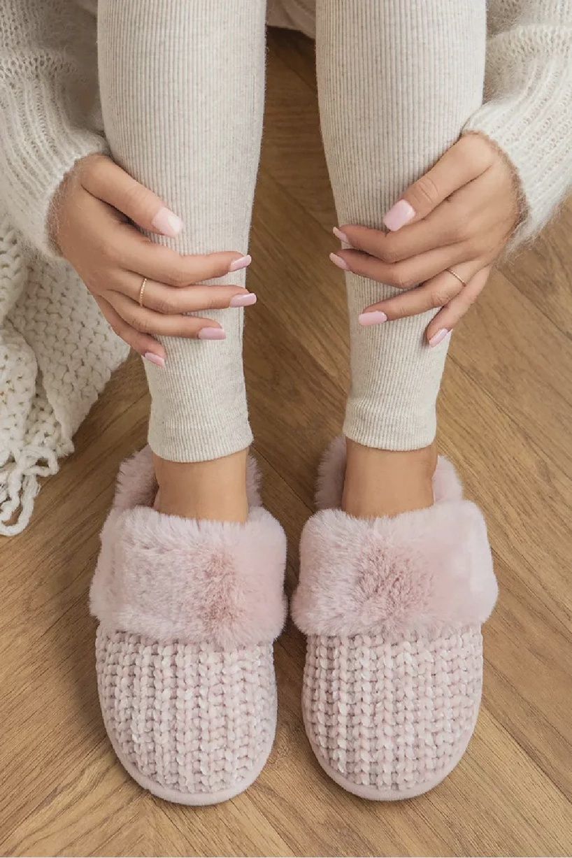 Knitted Faux Fur Slippers, Colour: Pink, Size: 5