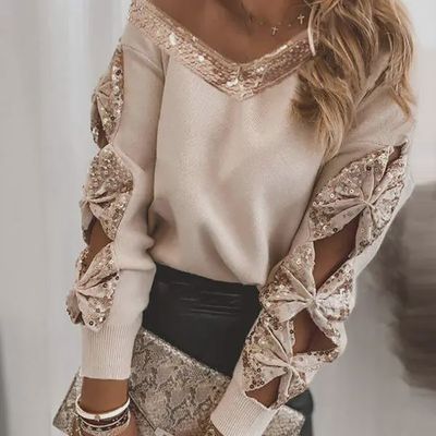 Sequins  Bowknot Design Cutout Sweater