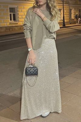 Beige Sequin Maxi Skirt