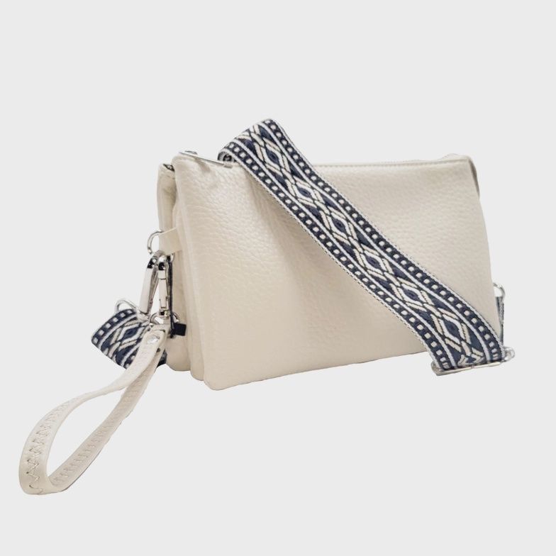 Stefani Zipper Crossbody w/ Guitar Strap, Colour: Winter White