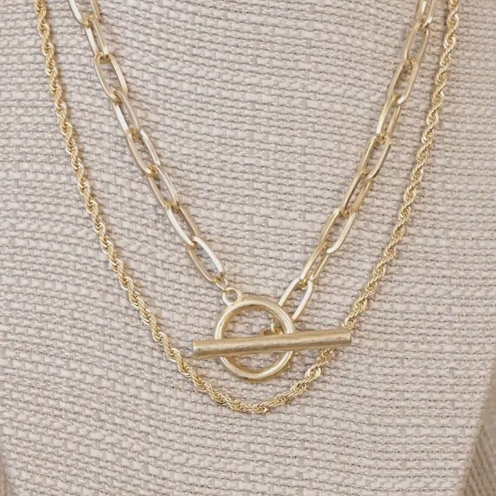 Front Toggle Closure Layered Necklace, Colour: Gold