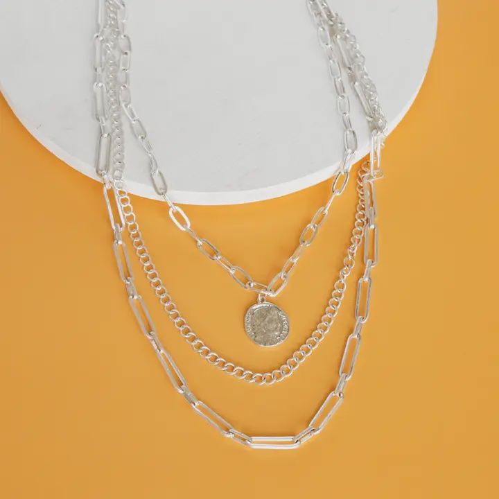 Silver Coin Pendant Layered Necklace