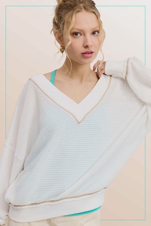 Drop Shoulder Waffle Textured Long Sleeve Top, Colour: White, Size: Small