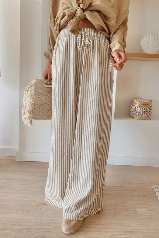 Khaki Stripe Wide Leg Drawstring Pants, Size: Small