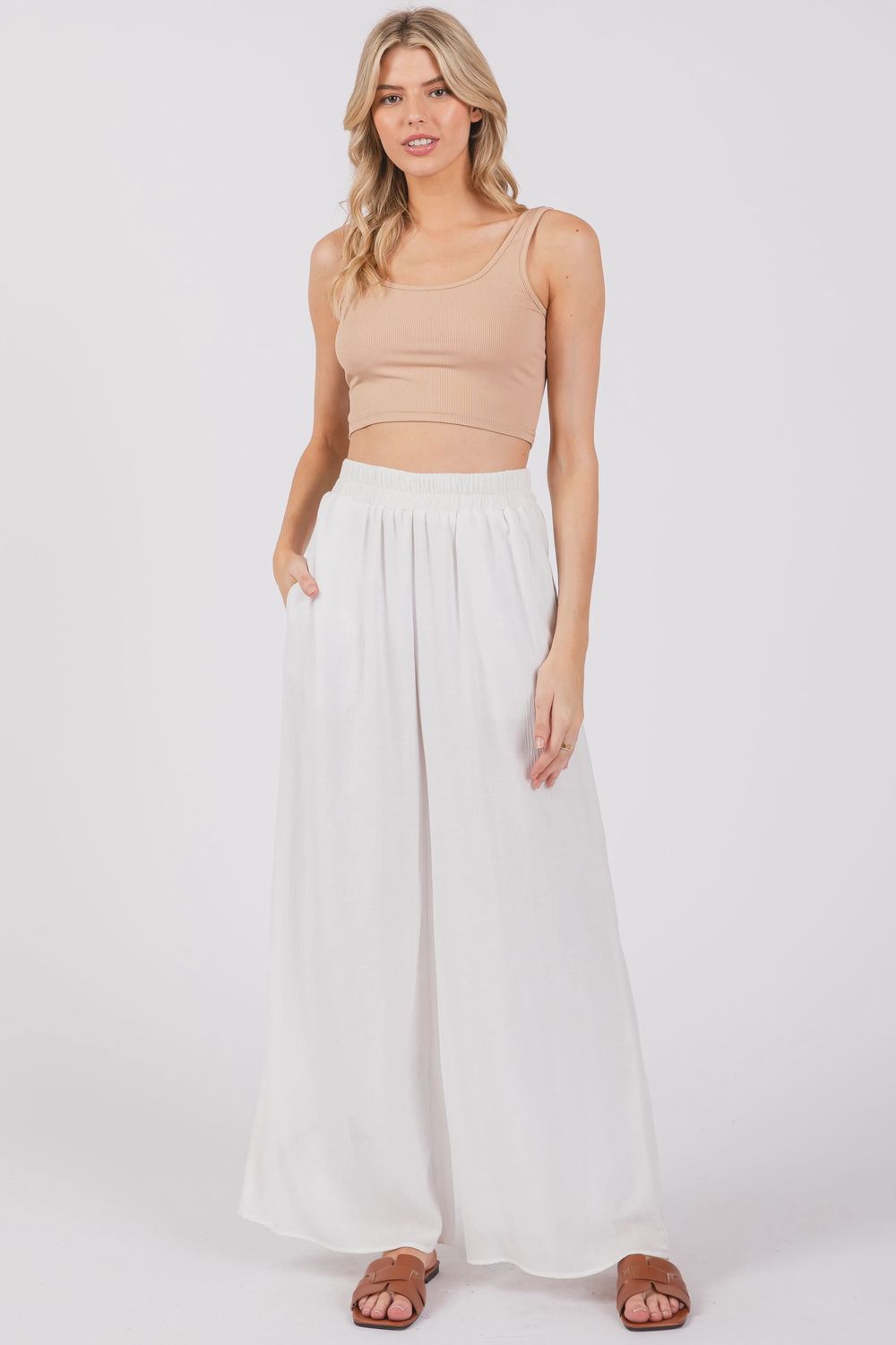 White Rayon Gauze Wide Leg Pants, Size: Small