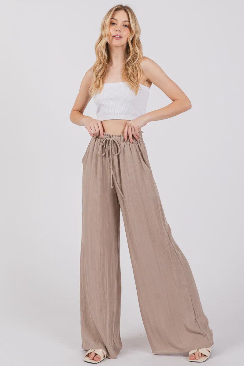 Ruffled Waist Elastic Wide Leg Pants, Colour: Fall Sand, Size: Small