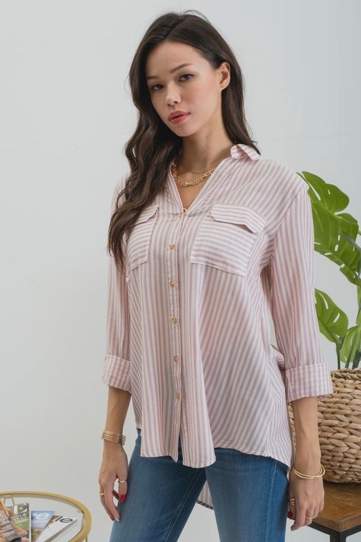 Peach Stripe Collared Button Down, Size: Small