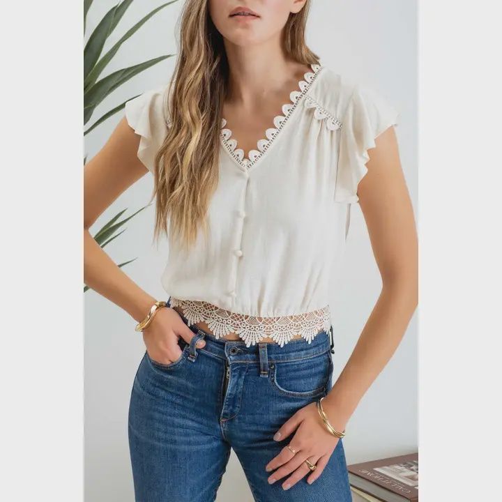 Scallop Lace Trim Back Tie Blouse, Size: Small