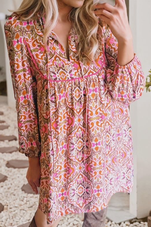 Abstract Printed Long Sleeve Tied Neckline Mini Dress, Size: Small