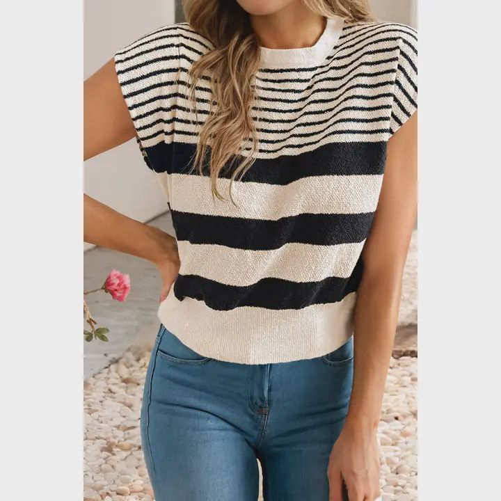 Black &amp; White Striped Sleeveless Knit Top, Size: Small