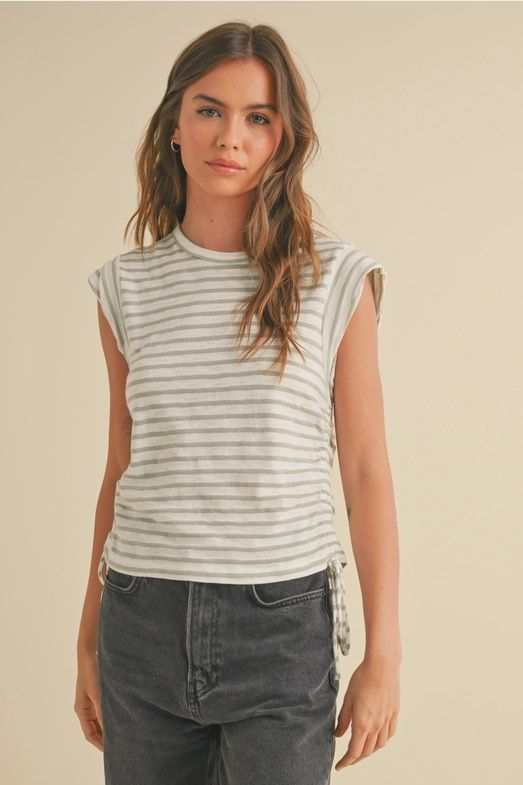 Cap Sleeve Striped Side Drawstring Tee, Colour: Sage, Size: Small