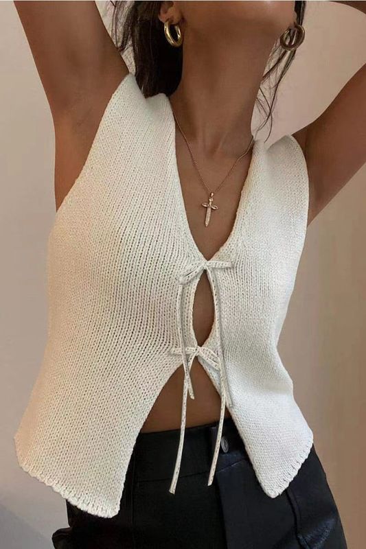Tie Front Sleeveless Knitted Tie Vest